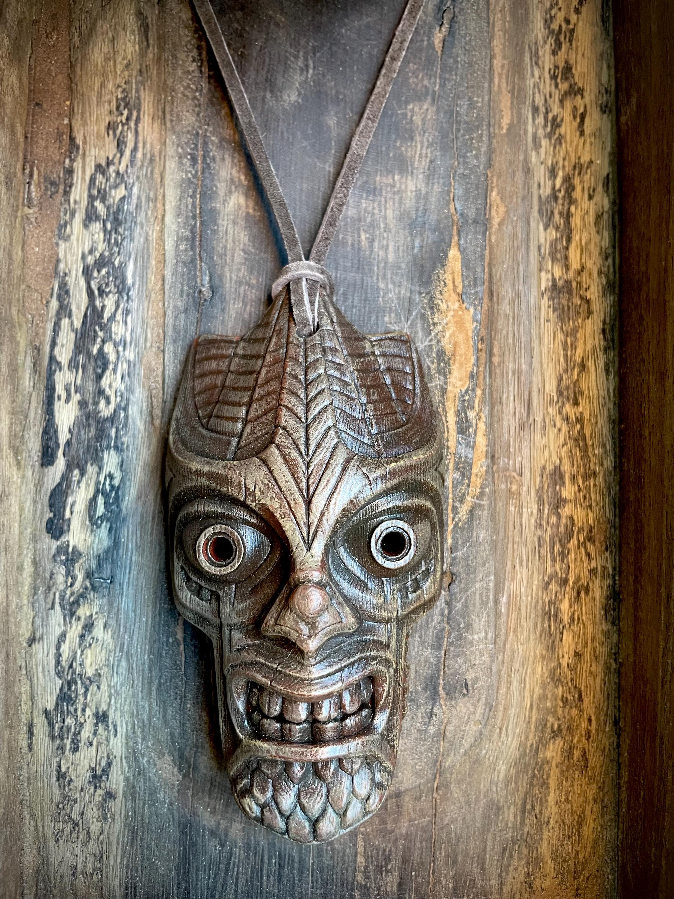 Tiki Warrior Mask Necklace with Leather Cord