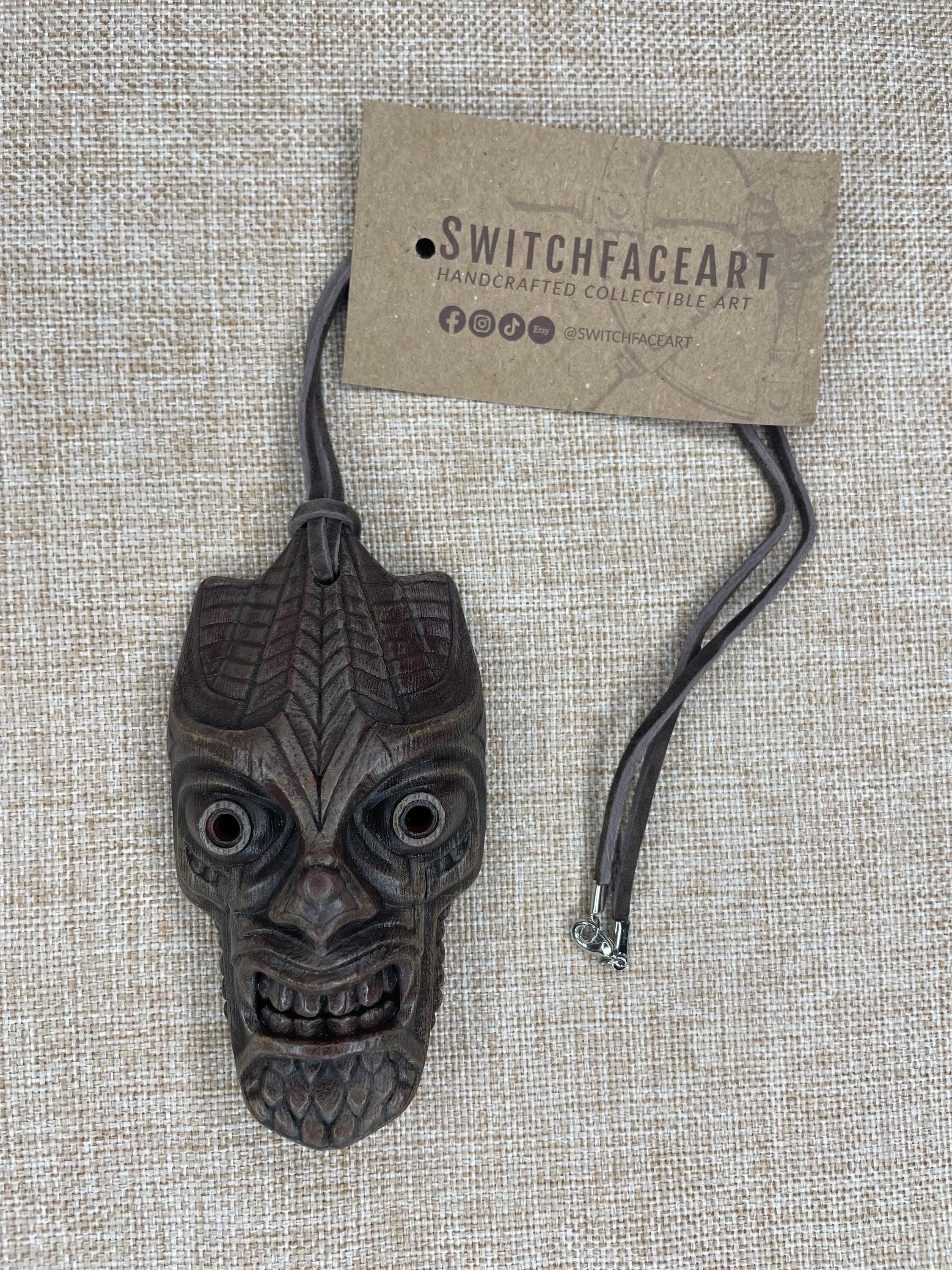 Tiki Warrior Mask Necklace with Leather Cord