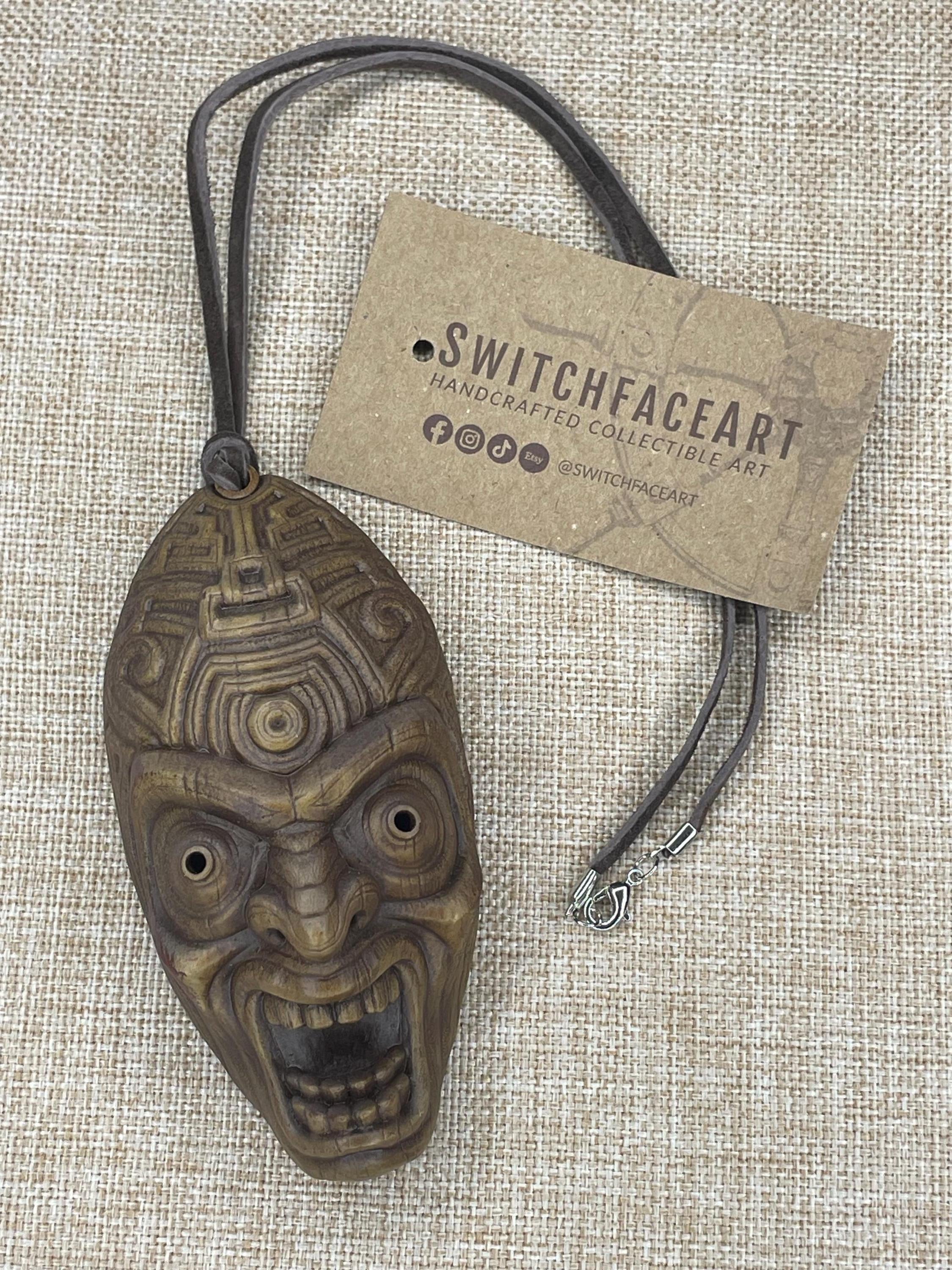 Tiki Kalu Mask Necklace with Leather Cord