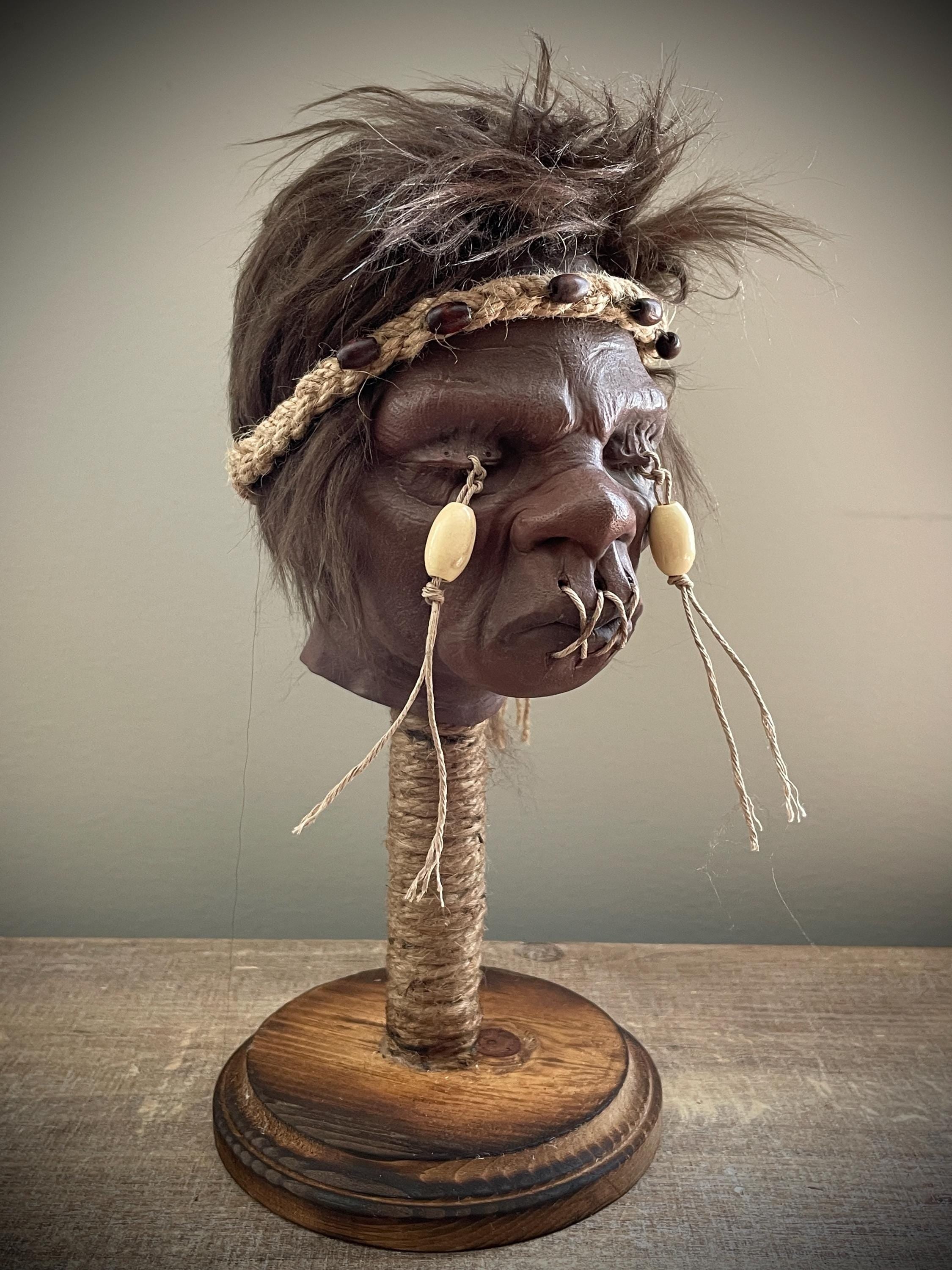 Elder Shrunken Head – Dark Brown Tsantsa Artifact with Stand