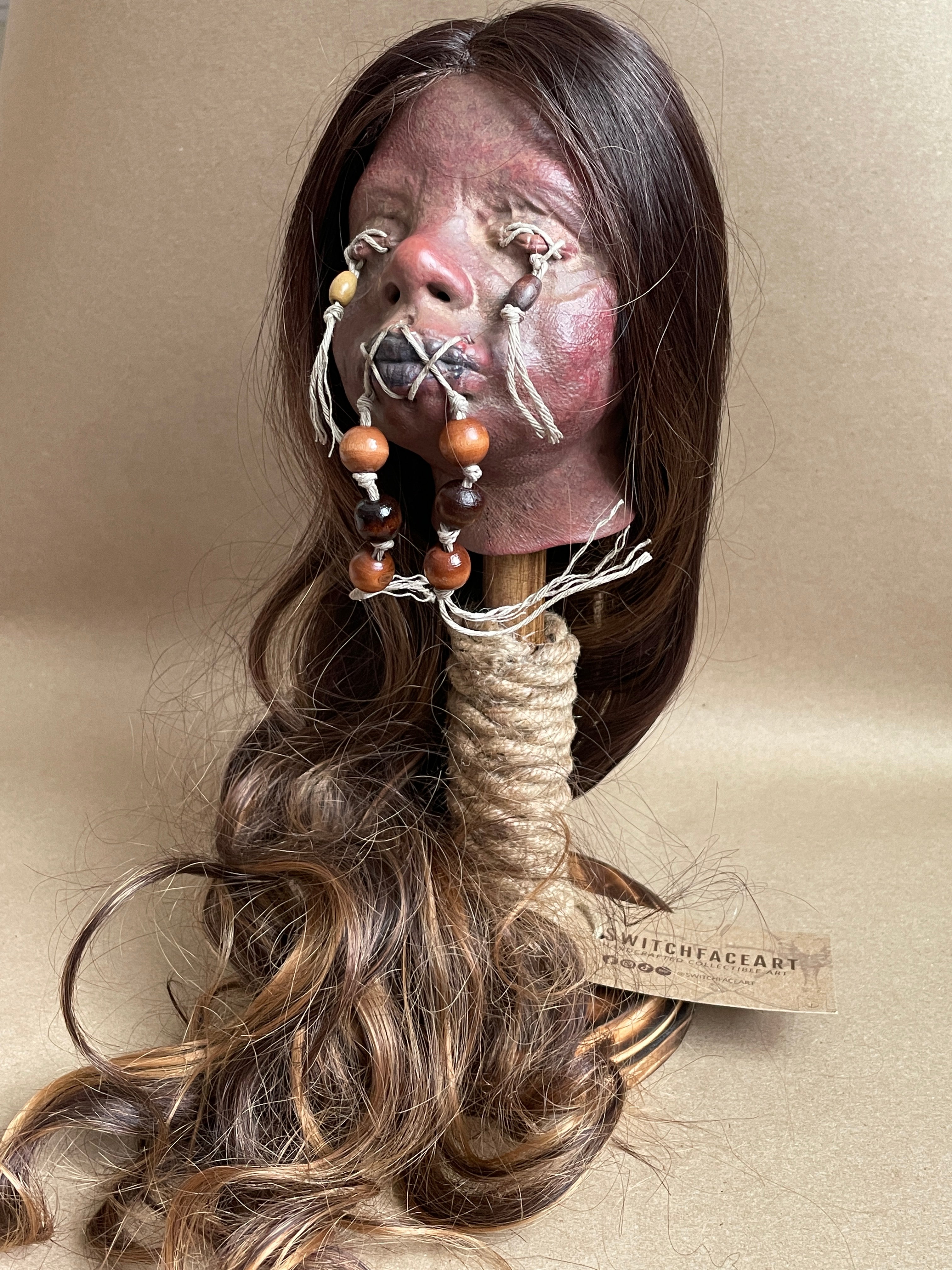 Long Hair Maiden Shrunken Head – Tsantsa Artifact with Display Stand
